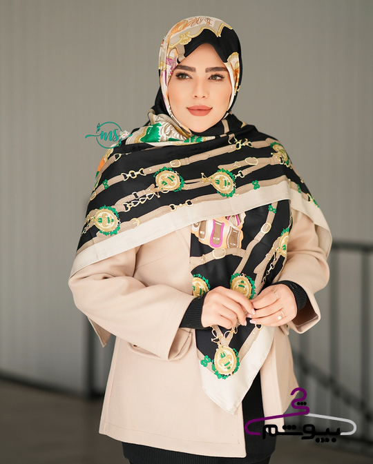 روسری ابریشم ژاکارد طرح قاب مشکی کرم نارنجی